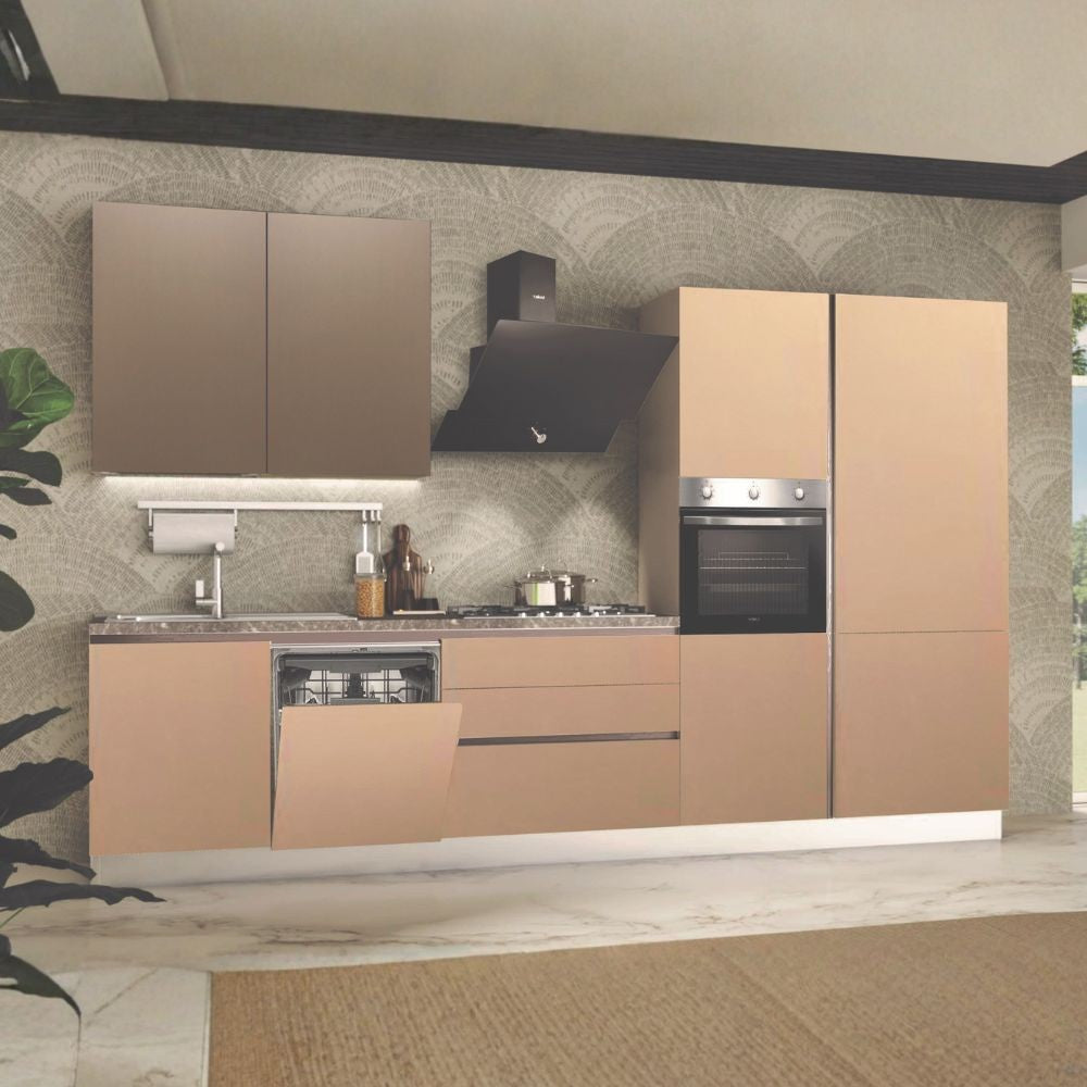 Cucina completa Lily Destra con struttura in grigio perla pensili in ossido e basi e colonne sabbia