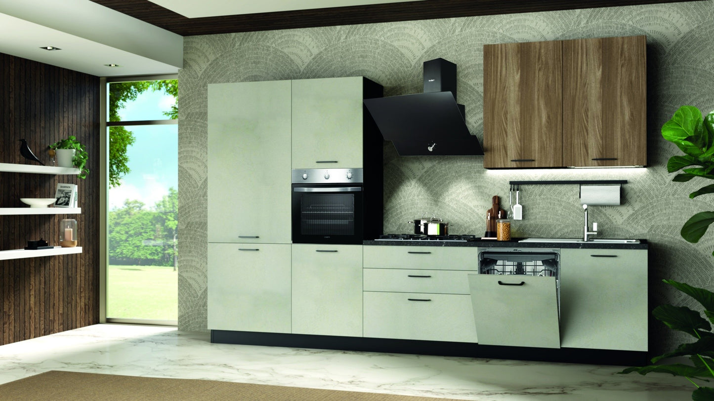Cucina completa Micol sinistra con struttura in antracite basi e colonne in cemento bianco e pensili in olmo tabacco