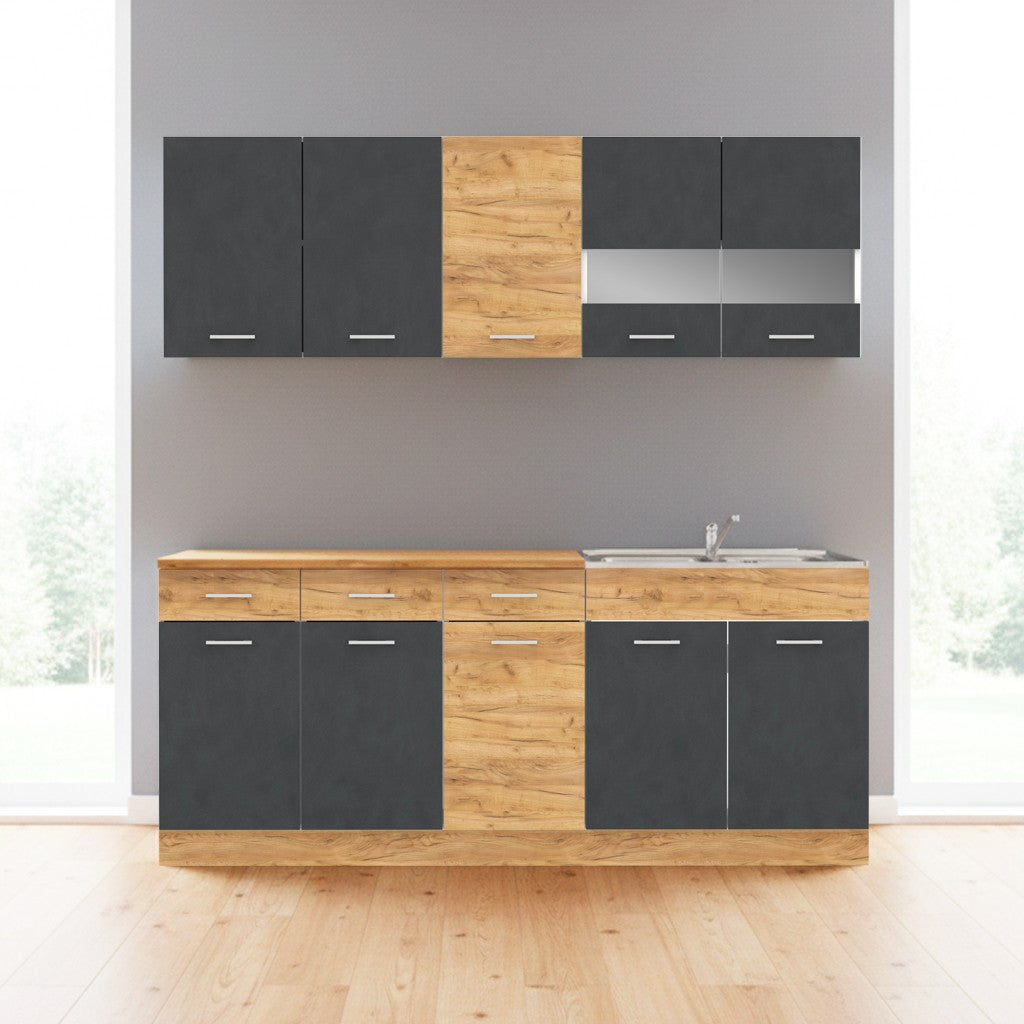 Cucina monoblocco 200 cm Erika in colore grigio matera e rovere con fianchi bianchi