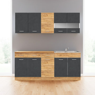 Cucina monoblocco 200 cm Erika in colore grigio matera e rovere con fianchi bianchi