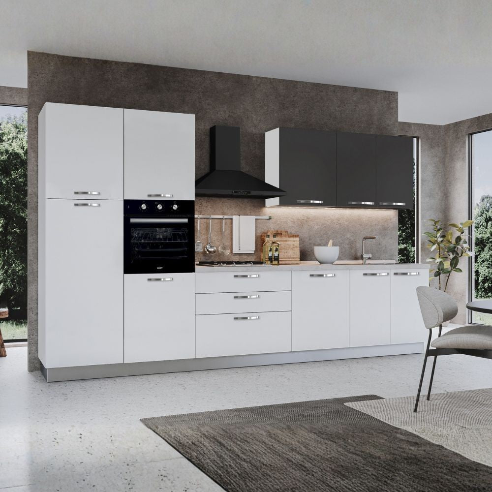 Cucina reversibile Iris 360 cm con cassa bianca base e colonne bianco lucido e e pensili grafite