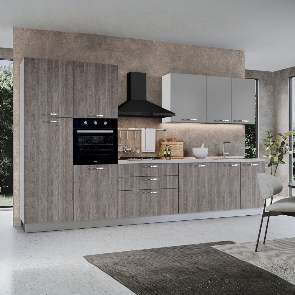 Cucina reversibile Iris 360 cm con cassa bianca base e colonne forest grigio e pensili grigio chiaro