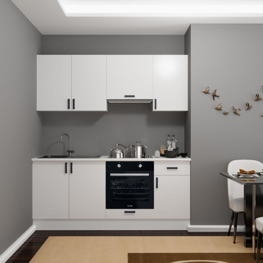 Cucina Taurus 195 cm. elettrodomestici inclusi colore bianco con maniglie in metallo nero