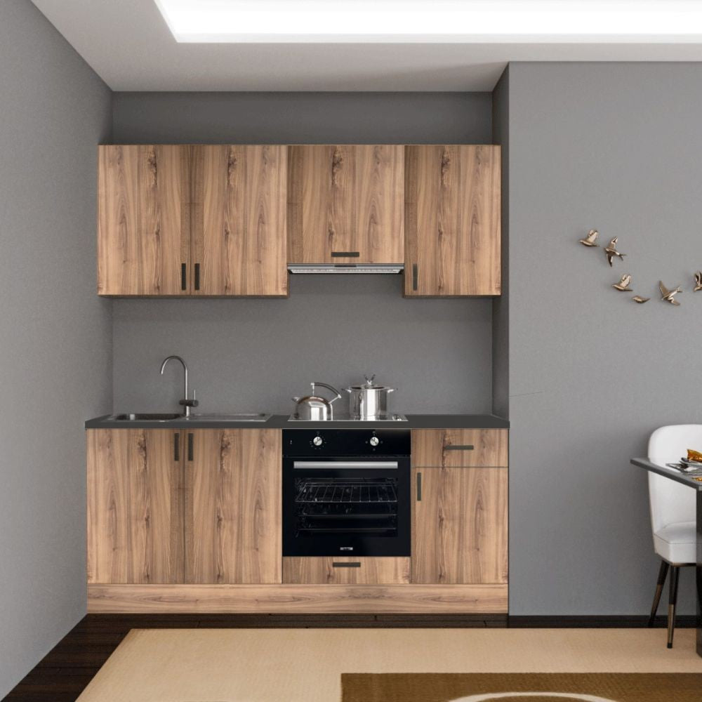 Cucina Taurus 195 cm. elettrodomestici inclusi colore rovere nodato con maniglie in metallo nero