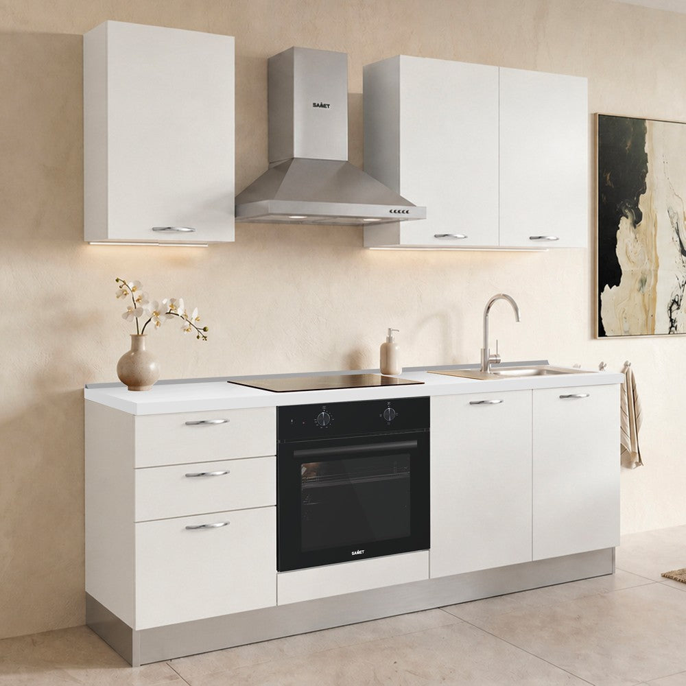 Cucina Taurusnew 195 cm reversibile in bianco poro chiuso con elettrodomestici e piano a induzione Industrie Valentini