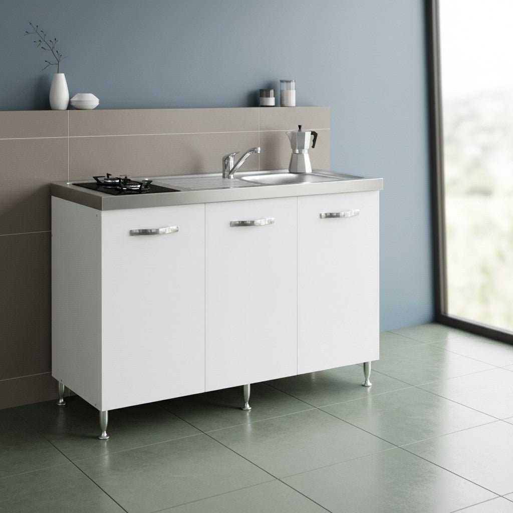 Cucinino Indiano120K30 con sottolavello 3 ante bianco frassinato con top inox e piano cottura a gas in vetro temperato