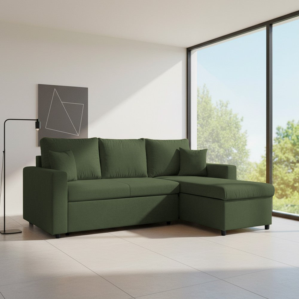 Divano angolare con penisola reversibile Golf e letto estraibile in tessuto Verita 34 verde muschio