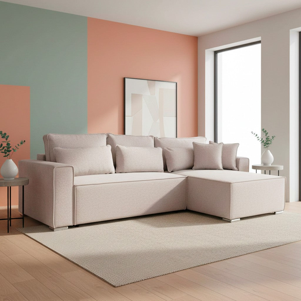 Divano angolare Emily con funzione letto easy open con contenitore e penisola reversibile cuscini decorativi in Neve 03 beige