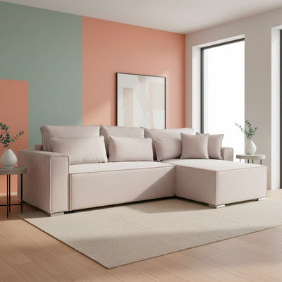 Divano angolare Emily con funzione letto easy open con contenitore e penisola reversibile cuscini decorativi in Neve 03 beige