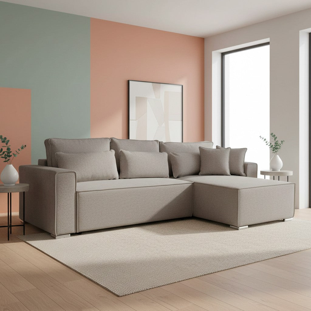 Divano angolare Emily con funzione letto easy open con contenitore e penisola reversibile cuscini decorativi in Neve 13 tortora