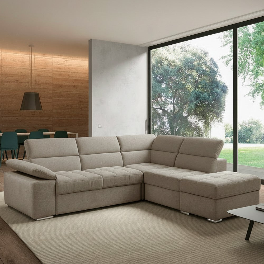 Divano letto angolare Capri reversibile con 5 poggiatesta regolabili e pouf indipendente in Aragon 20 tortora
