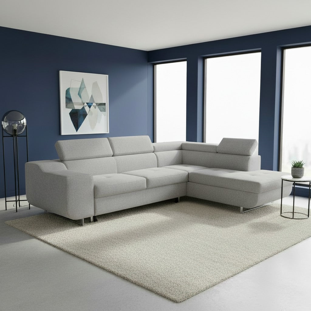 Divano letto angolare Casablanca con penisola contenitore destra in tessuto Aragon 80 grigio chiaro