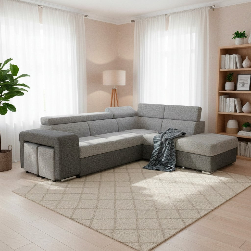 Divano letto angolare Sophie con penisola destra con pouf contenitore e 2 pouf estraibili in Giulia 9713 e Giulia 9712