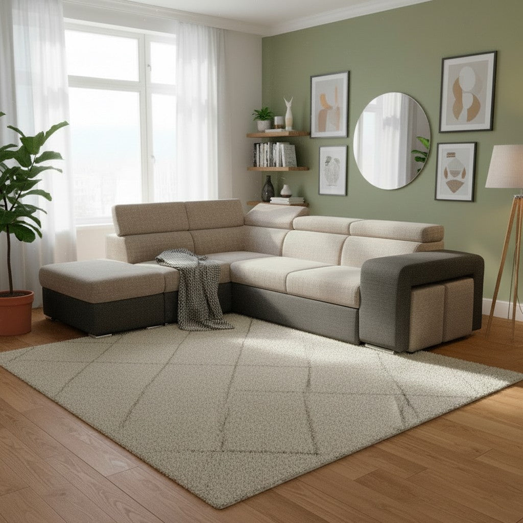Divano letto angolare Sophie con penisola sinistra con pouf contenitore e 2 pouf estraibili in Aragon 20 e Aragon 97