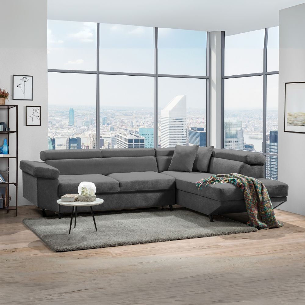 Divano letto Denver con penisola contenitore destra in Degas 92 grigio