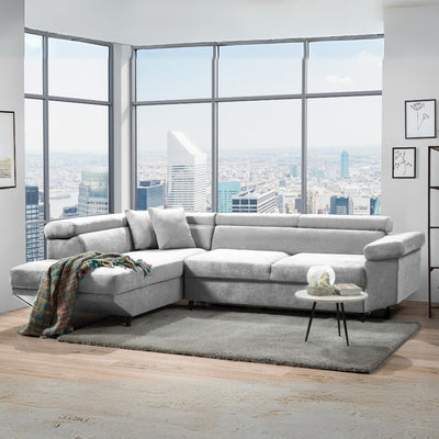 Divano letto Denver con penisola contenitore sinistra in Ronda 80 grigio chiaro