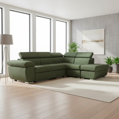 Divano letto Fiona angolare con penisola destra e pouf contenitore in tessuto Aragon 39 verde oliva