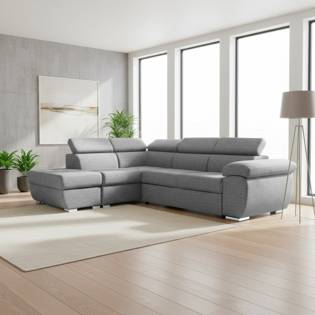 Divano letto Fiona angolare con penisola sinistra e pouf contenitore in tessuto Aragon 83 grigio