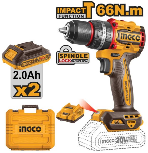 Trapano a Percussione 20V Compact Brushless 66N.m 2 Batterie 2ah+car.