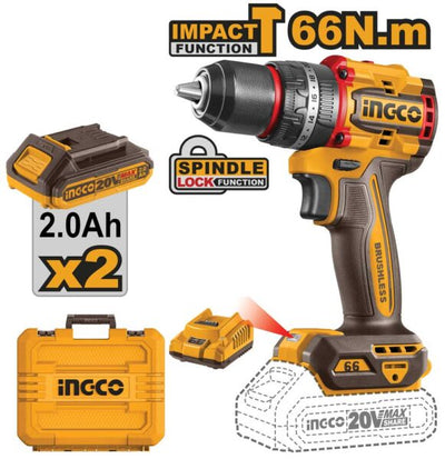 Trapano a Percussione 20V Compact Brushless 66N.m 2 Batterie 2ah+car.
