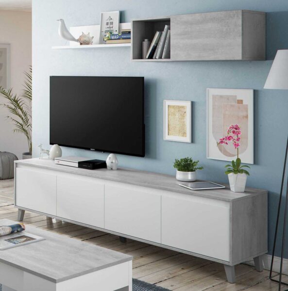 Mobile soggiorno Caracas Bianco Artik/Cemento cm.200x40x50h