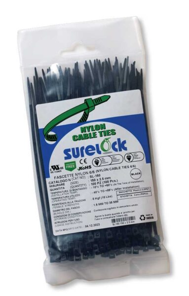 Fascette in nylon 66 nero mm.104x2,5 in busta da 100pz.
