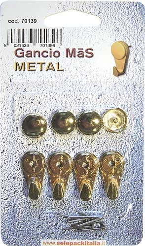 Gancio mas plast metal oro lucido, cappuccio coprichiodi,blister 4pezz