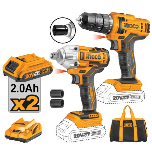 Set trapano+avvitatore ad impulsi 20V c/2 batterie da 2ah+caricabatt.