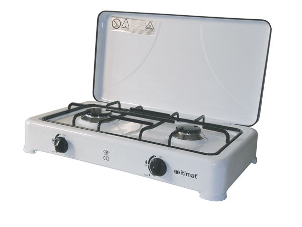 Fornello a gas 2 fuochi bianco con coperchio e griglia in acciaio