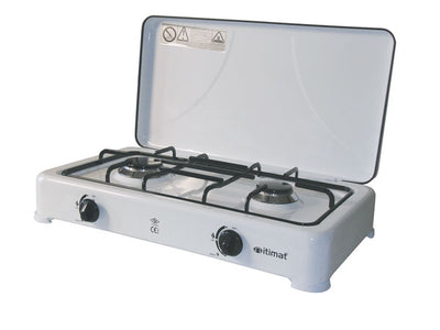 Fornello a gas 2 fuochi bianco con coperchio e griglia in acciaio