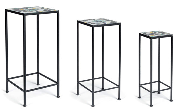 Set 3 tavolini quadri ferro/ceramica cm. 28x28x68h/23x23x57h/18x18x51h