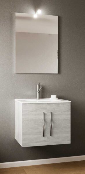 Mobile bagno sospeso cm.61x46p con specchio e faretto rovere grigio