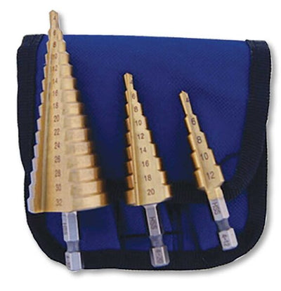 Set 3 allargafori a gradino in acciaio HSS 4341 attacco esagonale 1/4"