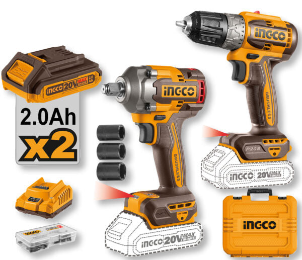 Set Trapano+Avvitatore ad Impulsi 1/2P. 20V 2 Batterie da 2ah+car.