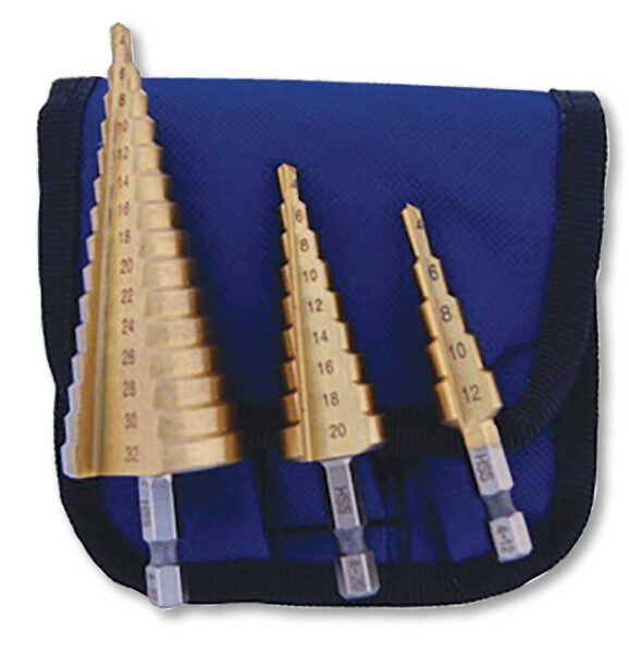 Set 3 allargafori a gradino in acciaio HSS 4341 attacco esagonale 1/4"