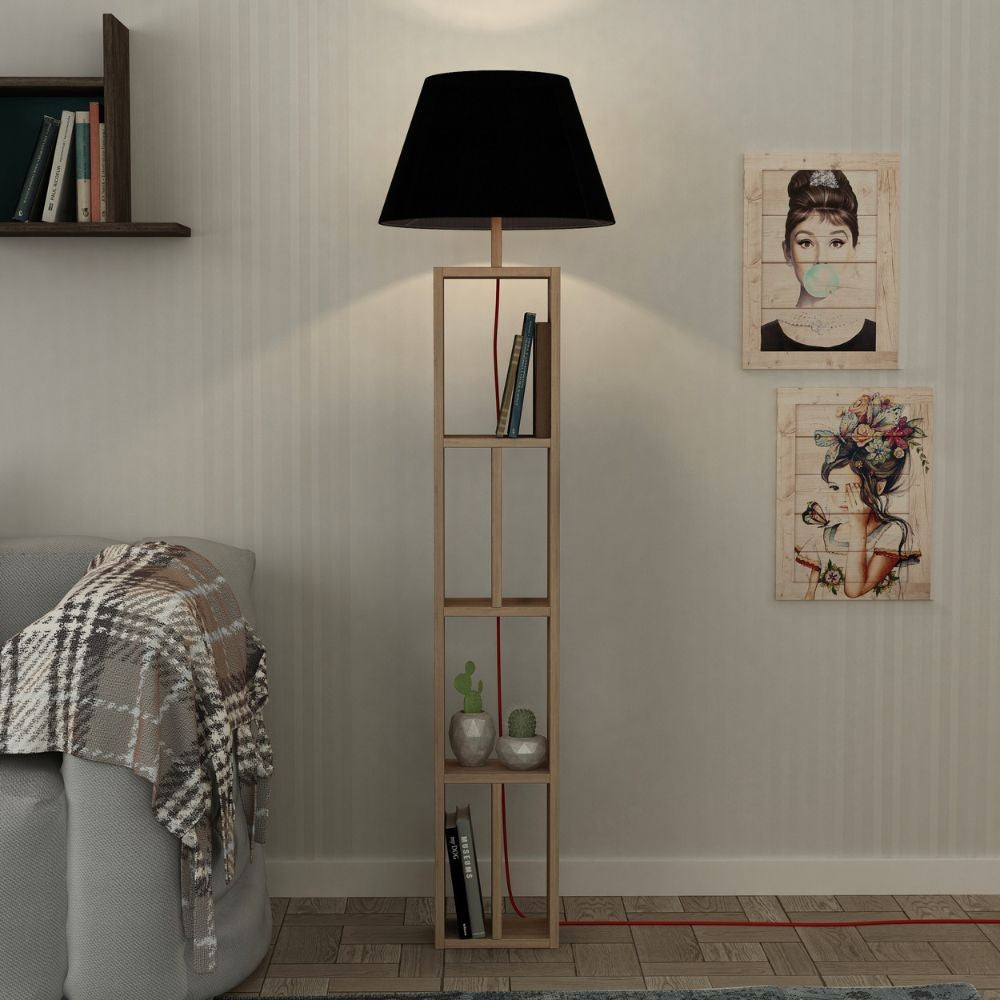 Lampada da terra Giorno con libreria rovere e parlume nero