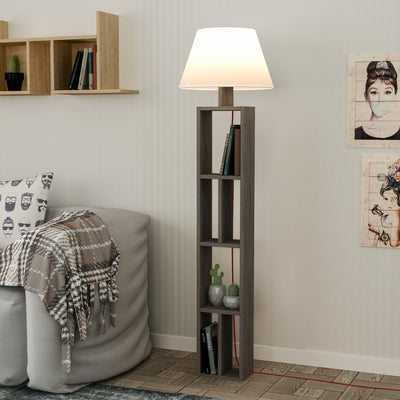Lampada da terra Giorno in legno con libreria dark coffee e paralume beige