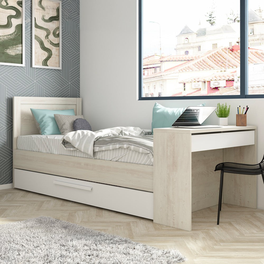 Letto 1950 con scrivania integrata e letto estraibile reversibile bianco vintage e bianco
