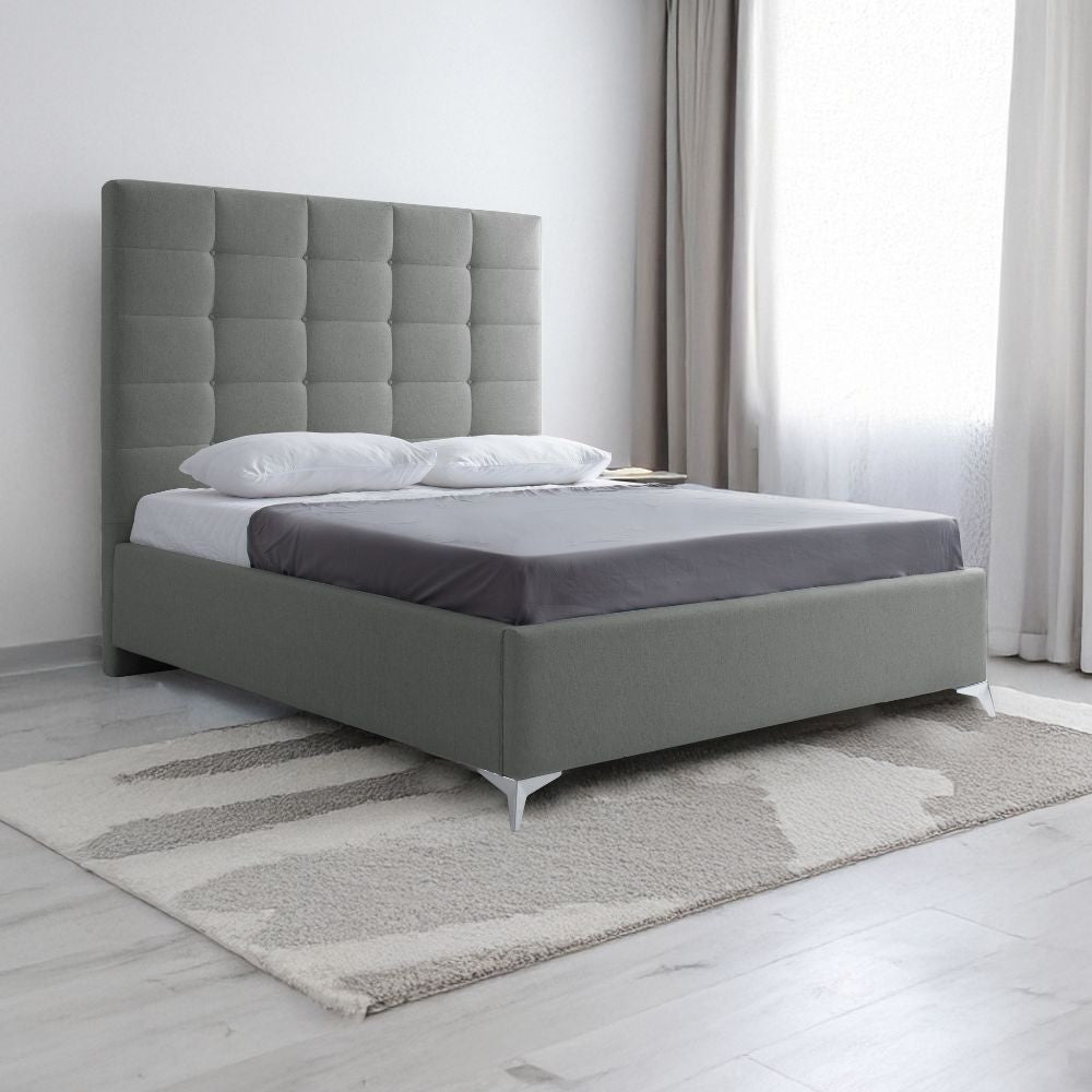 Letto matrimoniale Napoli Grande imbottito con contenitore in tessuto barrel 83 grigio chiaro con bottoni