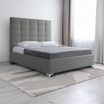 Letto matrimoniale Napoli Grande imbottito con contenitore in tessuto barrel 83 grigio chiaro con bottoni