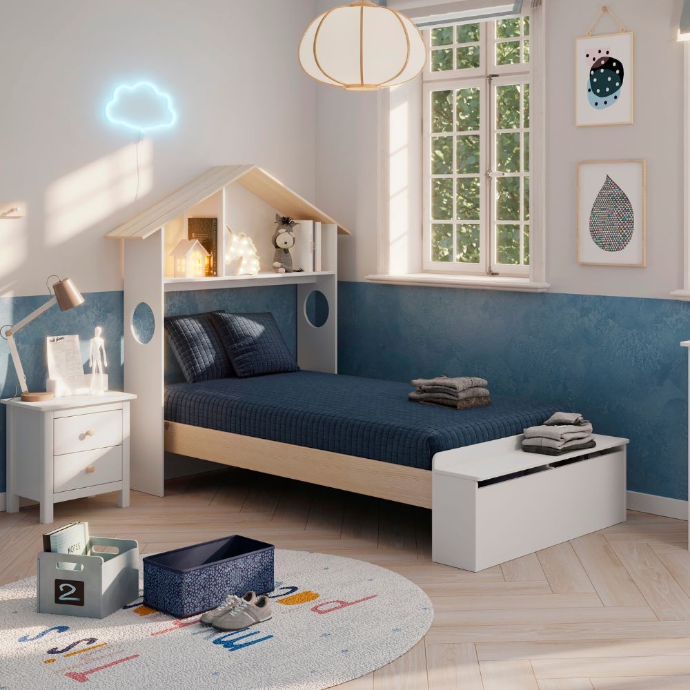 Letto singolo Odessa con testiera casetta e pediera contenitore in legno massiccio colore bianco