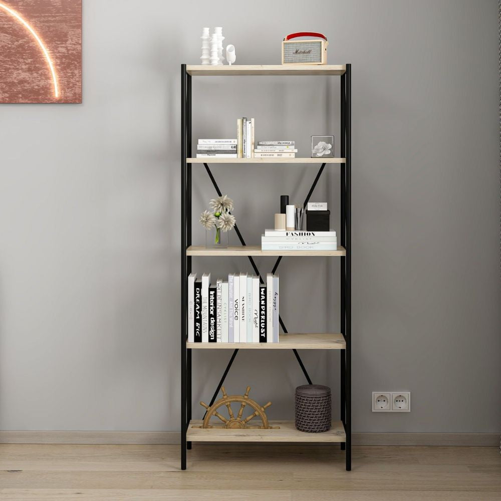 Libreria Axel con struttura in metallo nero e 5 mensole in rovere sonoma