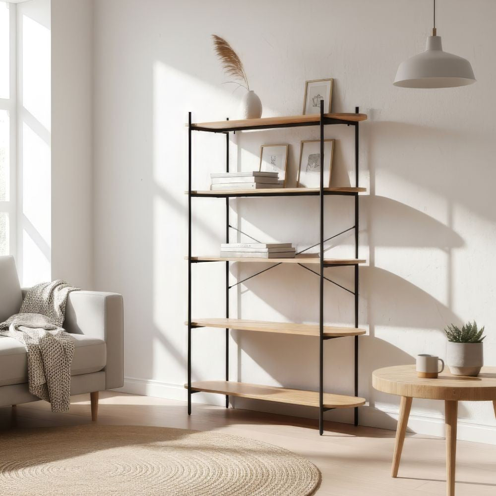 Libreria Hanoi20B con 5 ripiani rovere e struttura in metallo nero