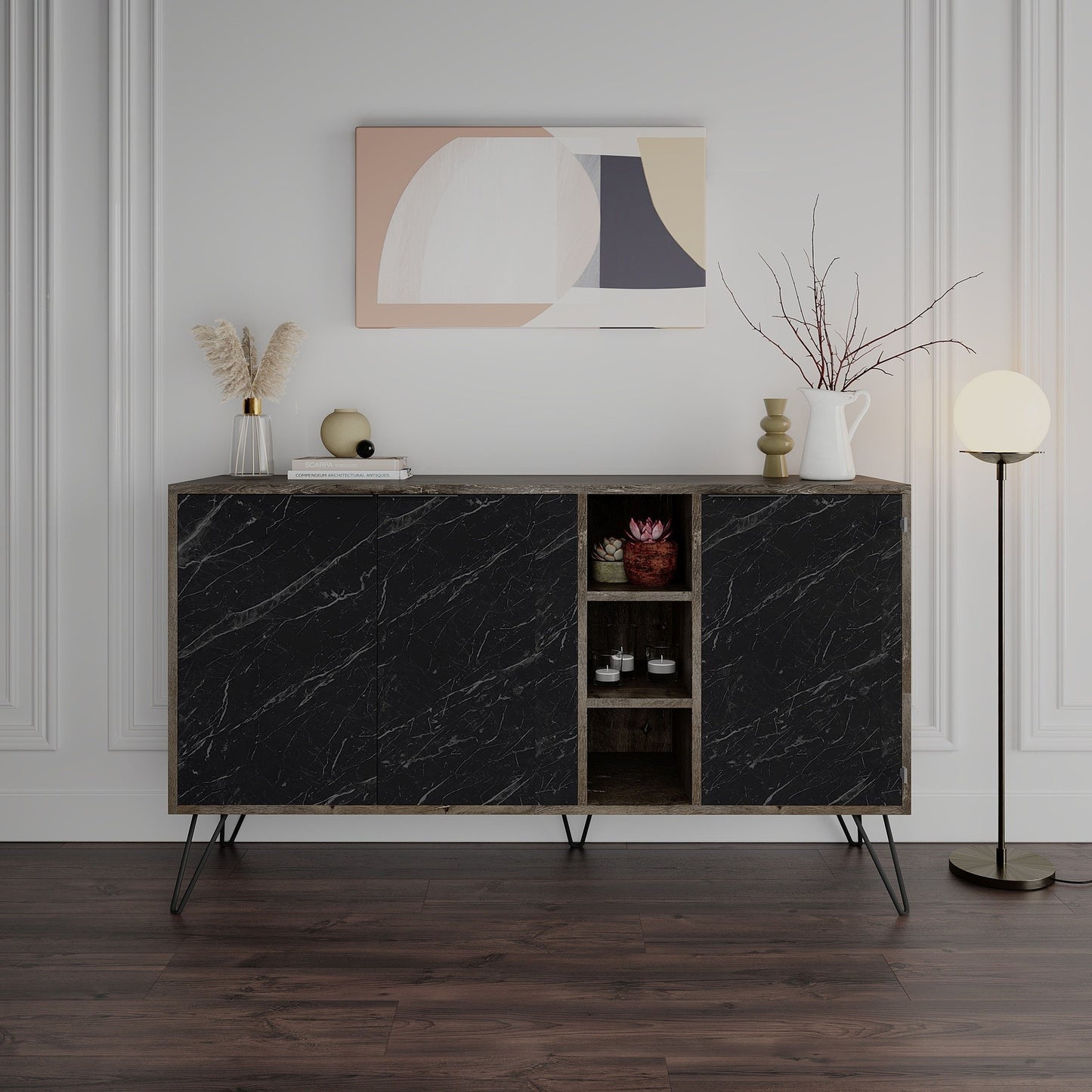 Madia Clara Bendir dark coffe 3 ante effetto marmo nero 142x35,6x83h