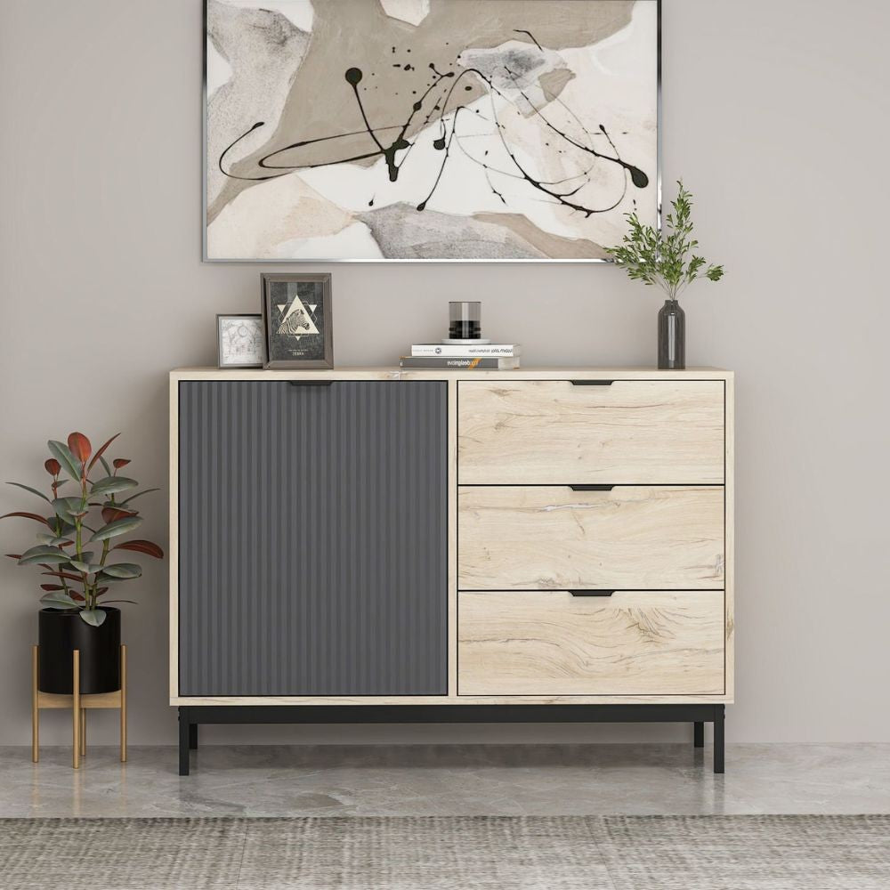 Madia Esta 120 cm. con anta antracite effetto cannettato e 3 cassetti rovere sonoma