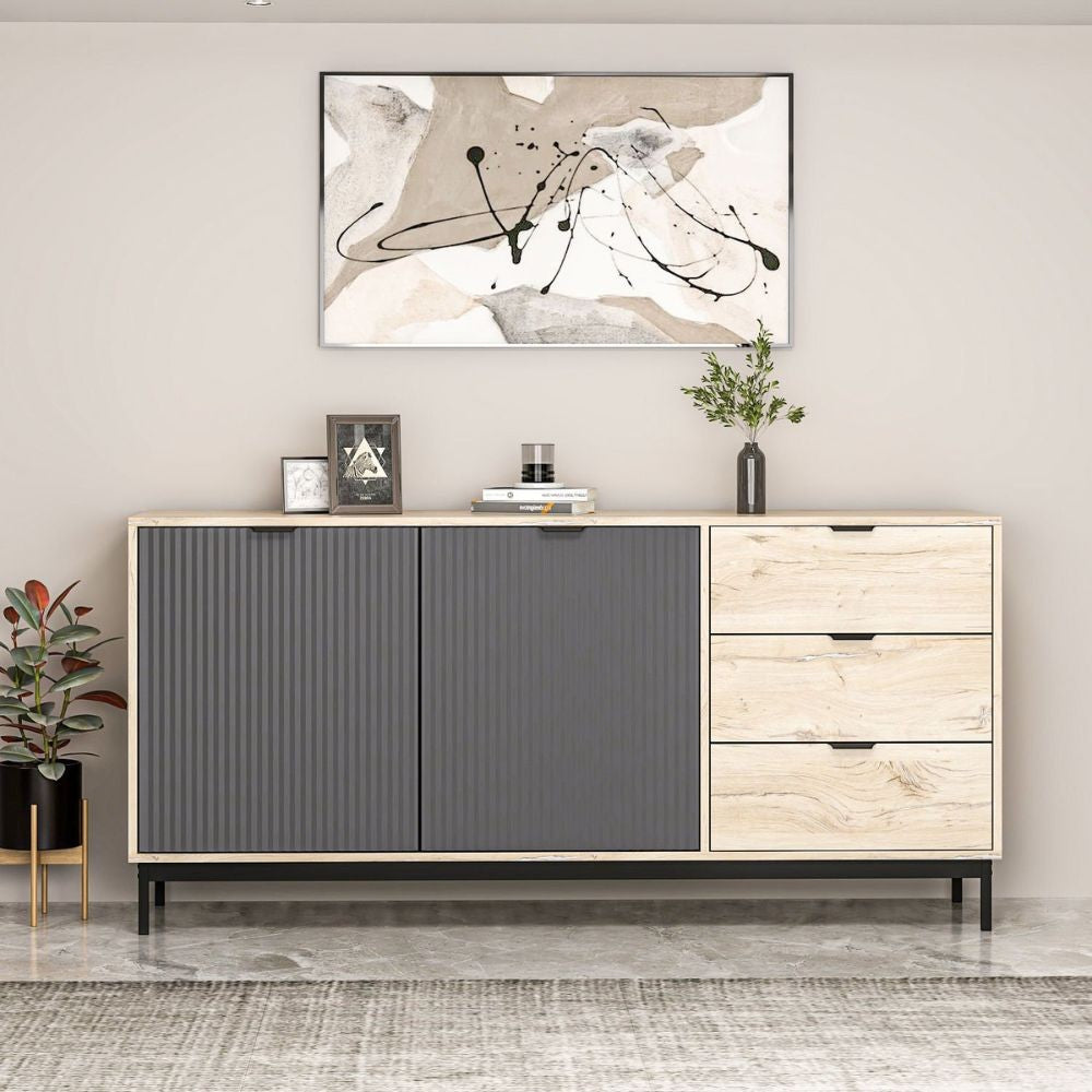 Madia Esta 180 con 2 ante colore antracite effetto cannettato e 3 cassetti rovere sonoma