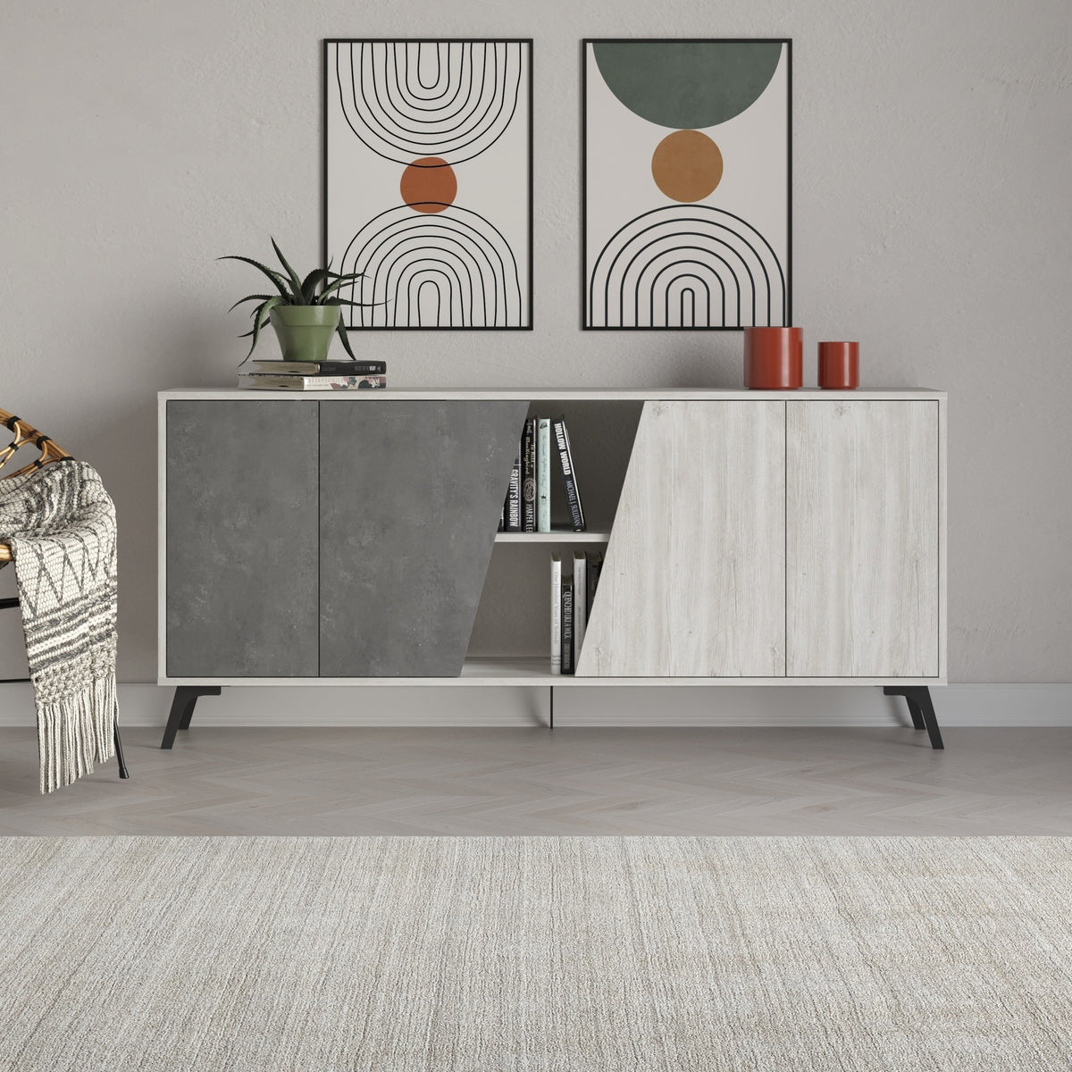 Madia Fiona 180 cm. con 2 ante bianco vintage e due ante retro grey
