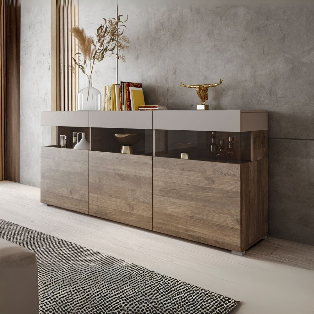 Madia Itaca con 3 ante e 3 vani a giorno con inserti in vetro colore noce eastwood e cashmere