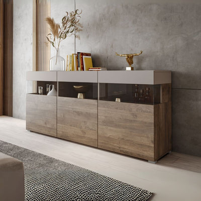 Madia Itaca con 3 ante e 3 vani a giorno con inserti in vetro colore noce eastwood e cashmere