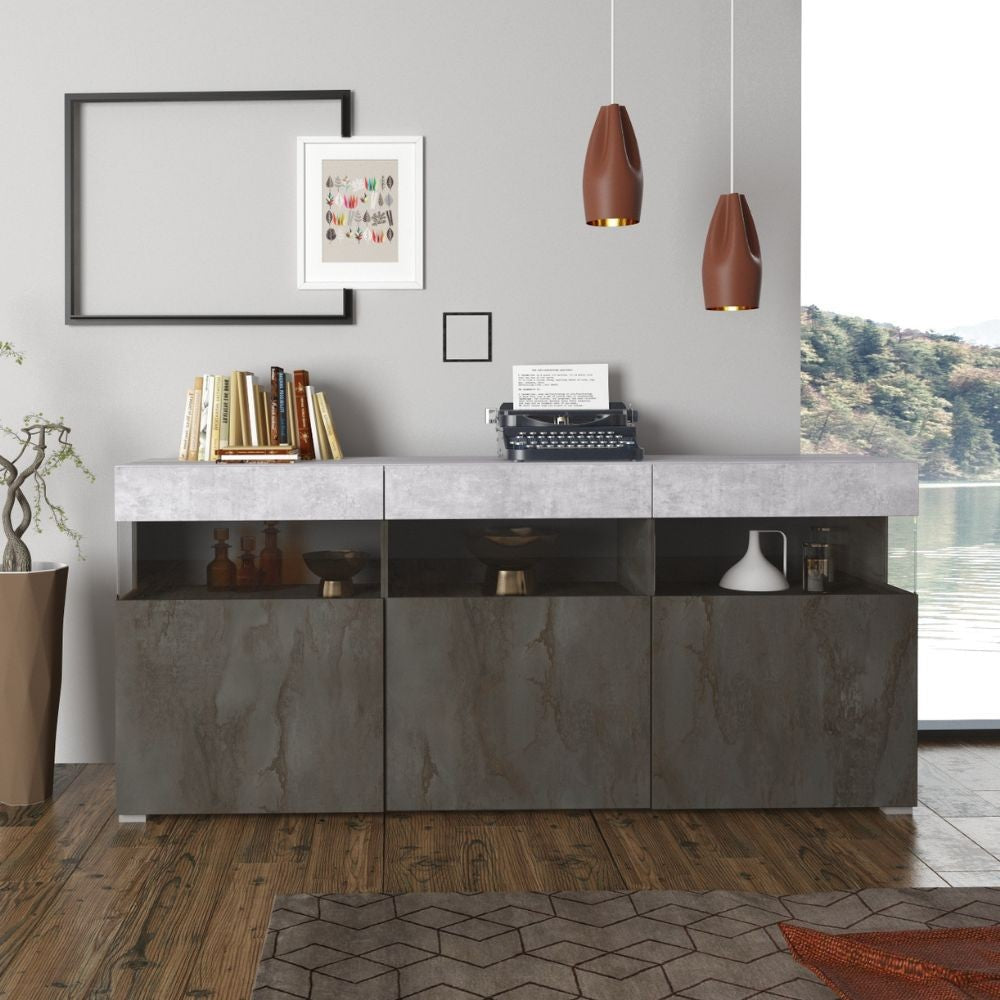 Madia Itaca con 3 ante e 3 vani a giorno con inserti in vetro colore ossido e cemento